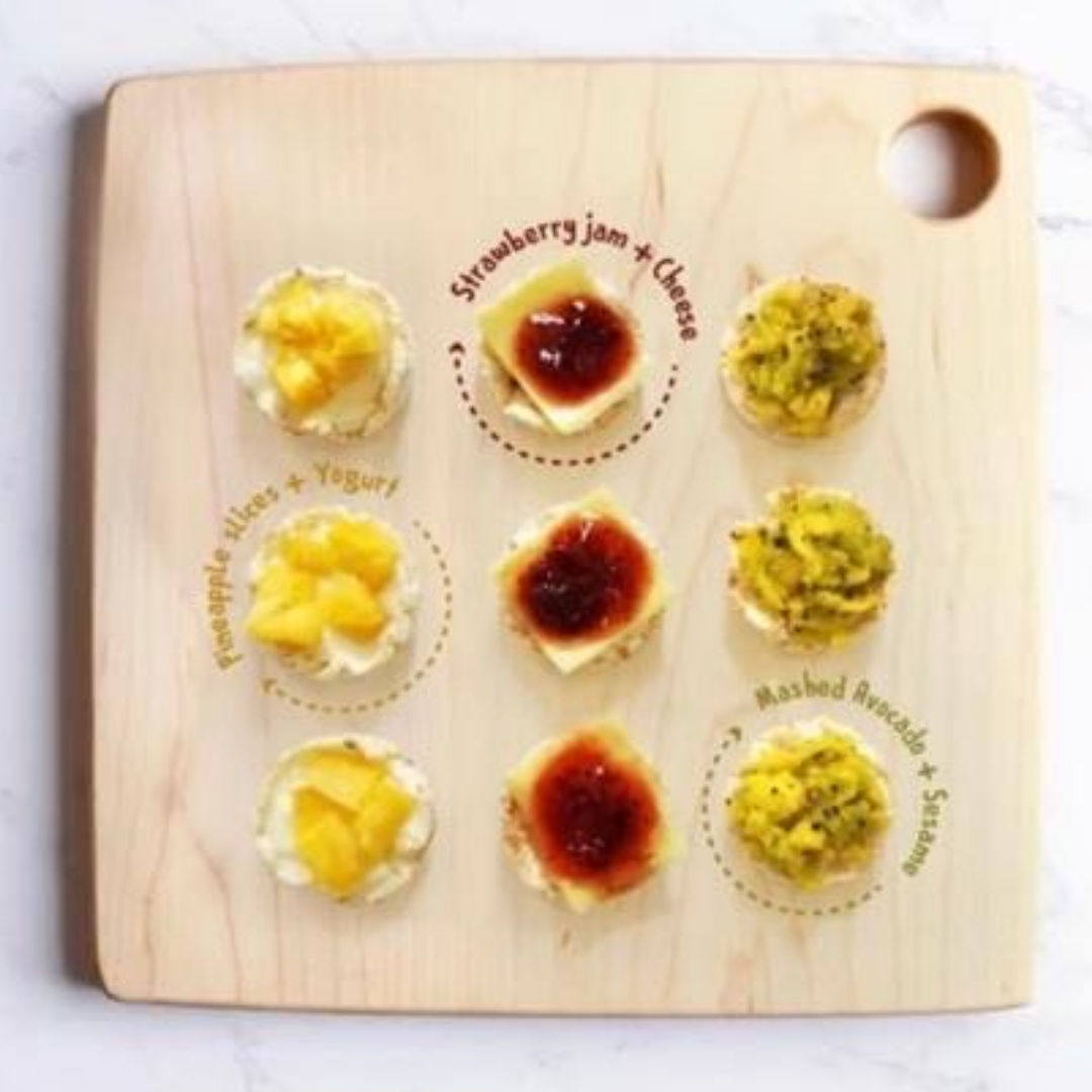 -Rice Crackers, Pineapple Slices, Yoghurt <br>
-Rice Crackers, Strawberry Jam, Cheese <br>
-Rice Crackers, Smashed Avocado, Sesame Seeds <br>
